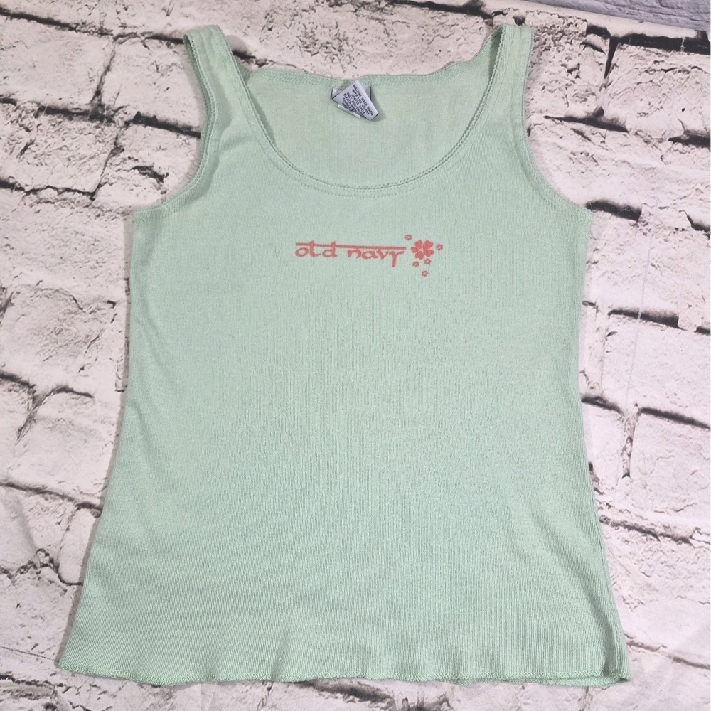 Vtg Y2K Old Navy Spellout Tank Top Size XS Ribbed Lace Trim Mint Green